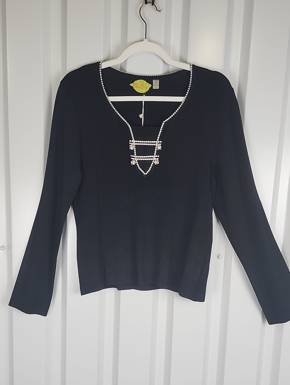 Prima Bella Women’s Black Long-Sleeve Jewel-Trim Knit Top Large Eveningwear NWT
